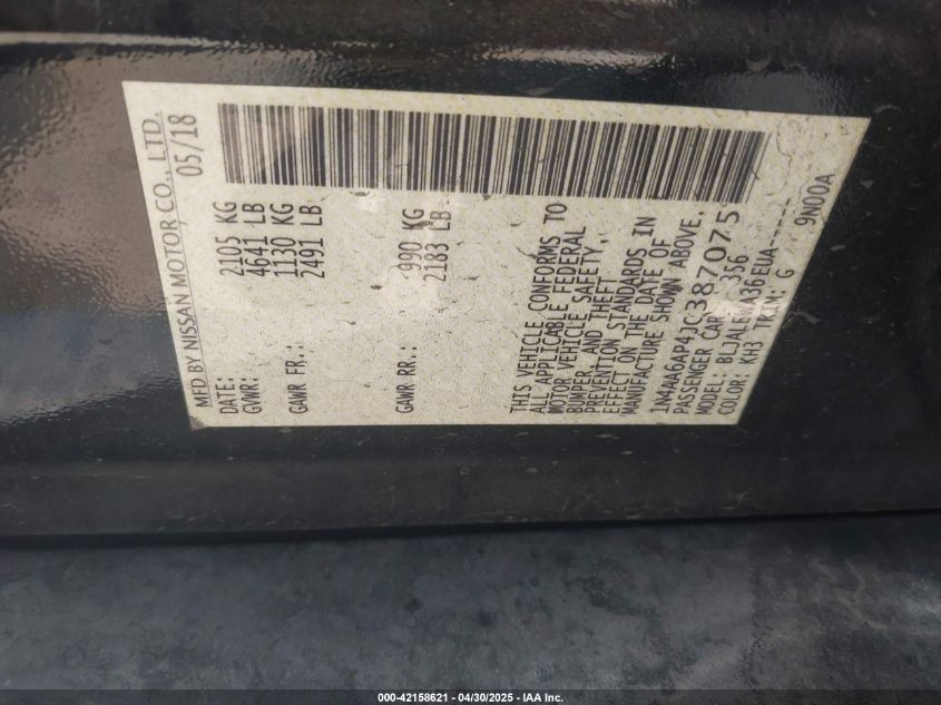 2018 Nissan Maxima 3.5 Sl VIN: 1N4AA6AP4JC387075 Lot: 42158621