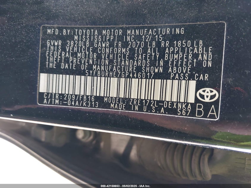 2016 TOYOTA COROLLA VIN: 5YFBURHE7GP446017