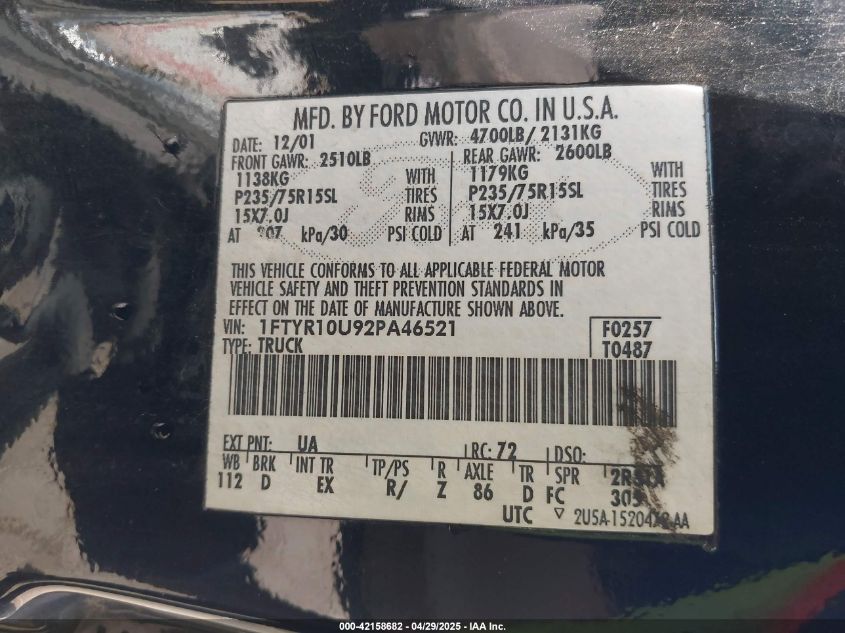 2002 Ford Ranger Edge/Xl/Xlt VIN: 1FTYR10U92PA46521 Lot: 42158682