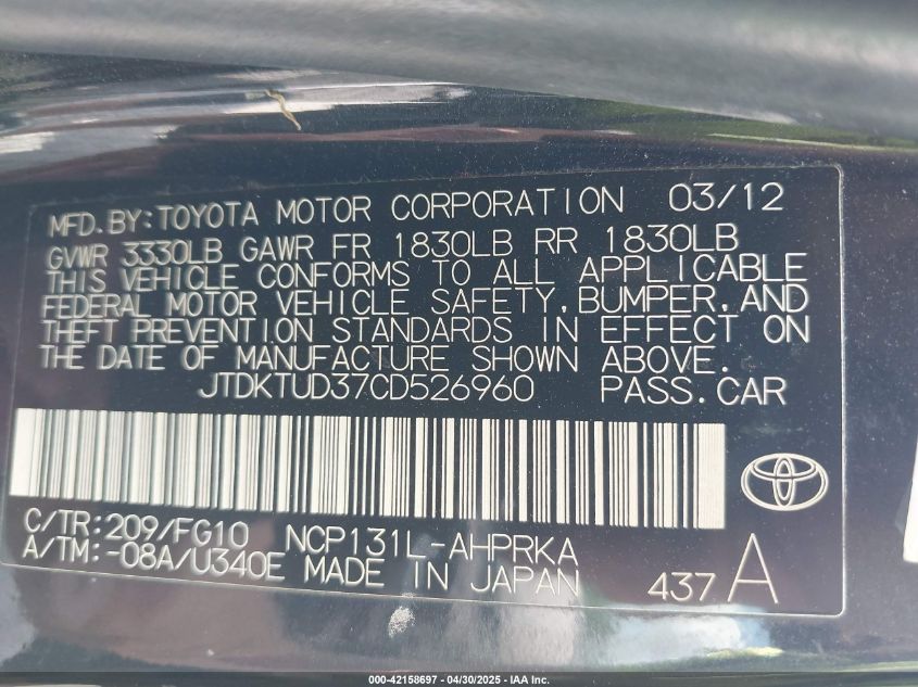 2012 Toyota Yaris Le VIN: JTDKTUD37CD526960 Lot: 42158697