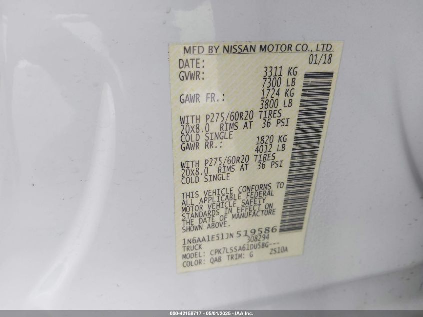 2018 NISSAN TITAN SV - 1N6AA1E51JN519586