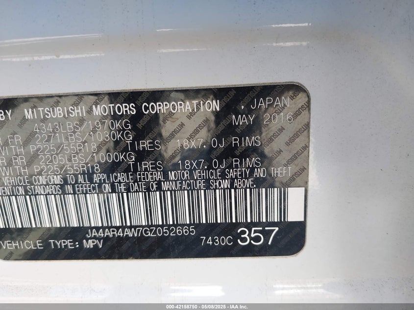 2016 Mitsubishi Outlander Sport 2.4 Sel VIN: JA4AR4AW7GZ052665 Lot: 42158750