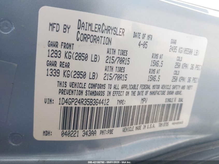 2005 Dodge Grand Caravan Se VIN: 1D4GP24R35B364412 Lot: 42158780