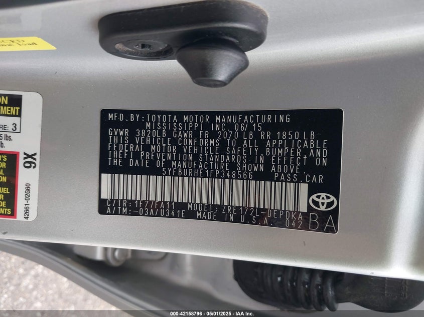 2015 TOYOTA COROLLA VIN: 5YFBURHE1FP348566