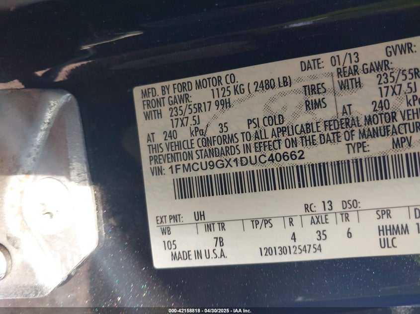 2013 FORD ESCAPE VIN: 1FMCU9GX1DUC40662