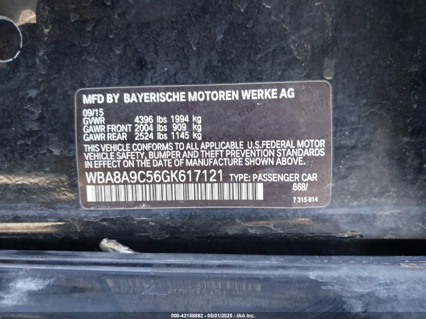 2016 BMW 320I VIN: WBA8A9C56GK617121 Lot: 42158862