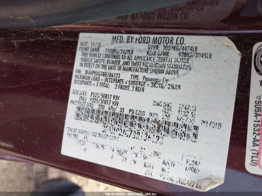 2011 Ford Fusion Sel VIN: 3FAHP0JG7BR186123 Lot: 42158932