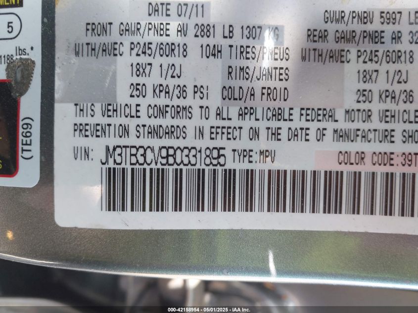 2011 Mazda Cx-9 Touring VIN: JM3TB3CV9B0331895 Lot: 42158954