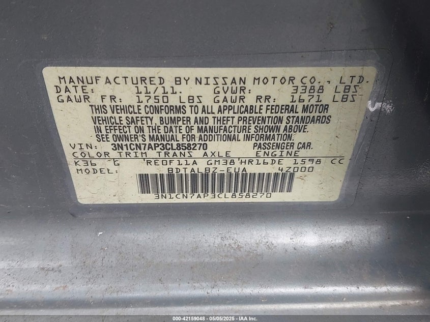 2012 Nissan Versa 1.6 Sv VIN: 3N1CN7AP3CL858270 Lot: 42159048