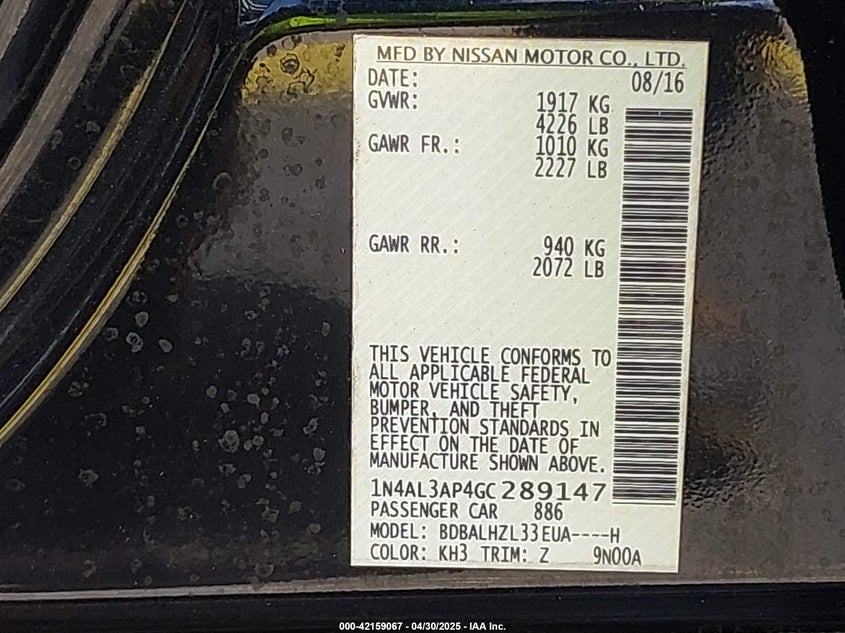2016 NISSAN ALTIMA VIN: 1N4AL3AP4GC289147