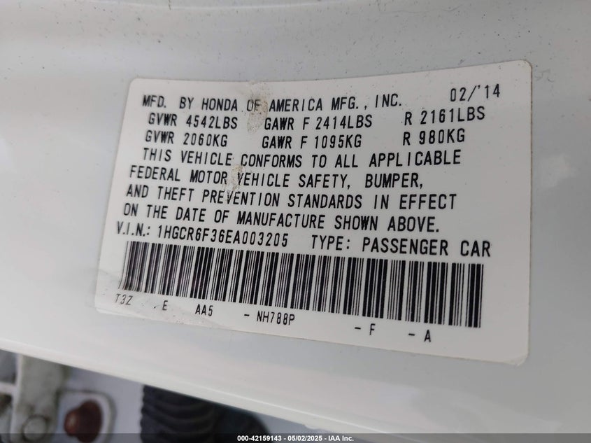 2014 HONDA ACCORD HYBRID VIN: 1HGCR6F36EA003205