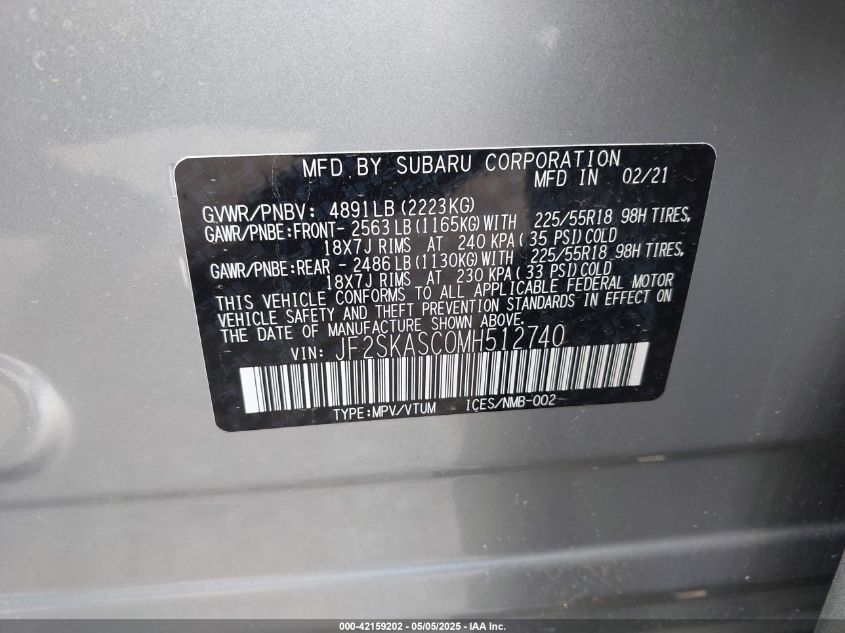 2021 Subaru Forester Limited VIN: JF2SKASC0MH512740 Lot: 42159202
