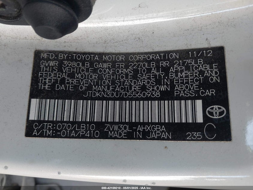 2013 TOYOTA PRIUS VIN: JTDKN3DU7D5560938