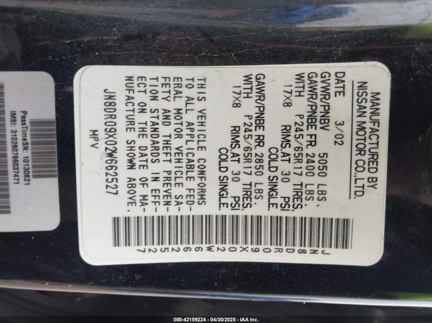 2002 Nissan Pathfinder Le VIN: JN8DR09X02W662527 Lot: 42159224