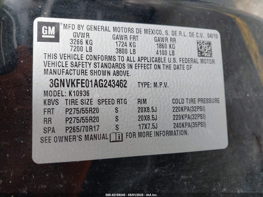 2010 CHEVROLET AVALANCHE 1500 VIN: 3GNVKFE01AG243462