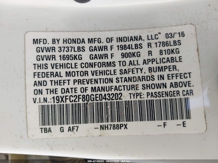 2016 Honda Civic Ex VIN: 19XFC2F80GE043202 Lot: 42159252