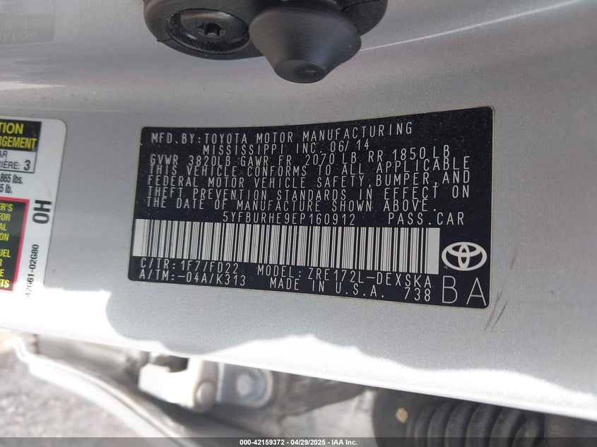 2014 TOYOTA COROLLA VIN: 5YFBURHE9EP160912