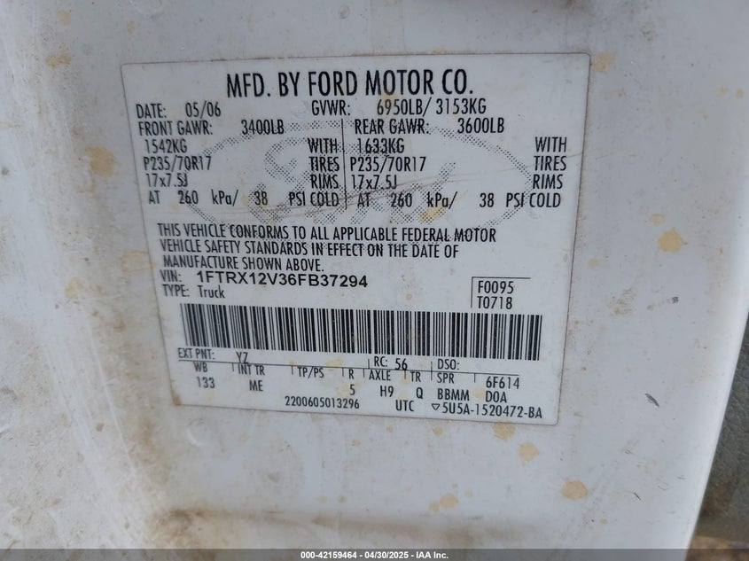 2006 FORD F-150 VIN: 1FTRX12V36FB37294
