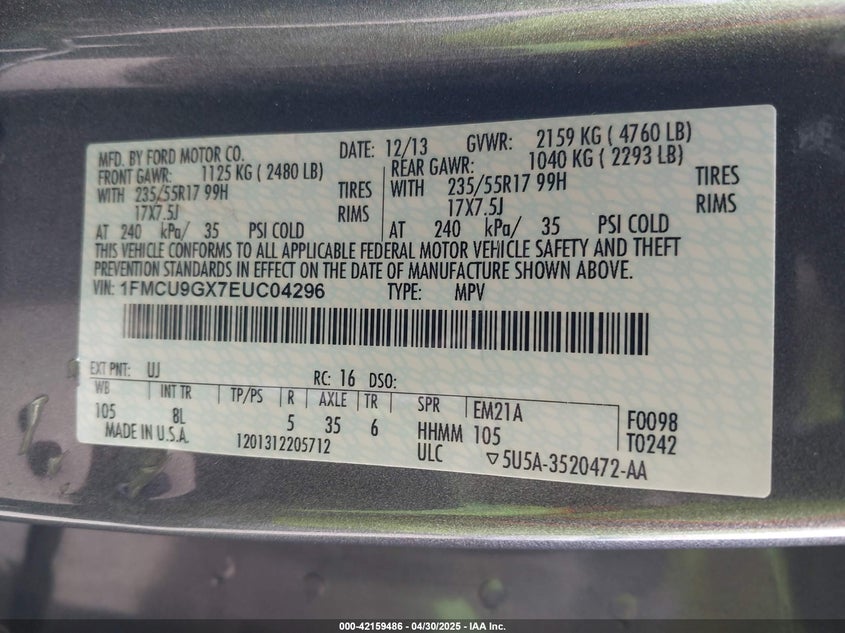 2014 FORD ESCAPE VIN: 1FMCU9GX7EUC04296