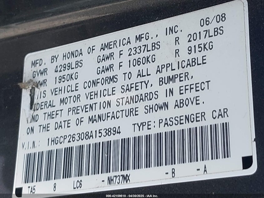 2008 HONDA ACCORD VIN: 1HGCP26308A153894