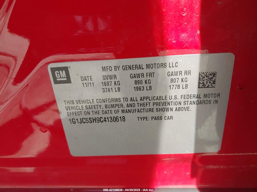 2012 CHEVROLET SONIC VIN: 1G1JC5SH9C4130618