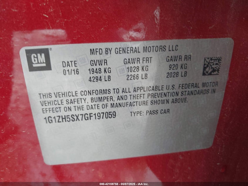 2016 CHEVROLET MALIBU VIN: 1G1ZH5SX7GF197059