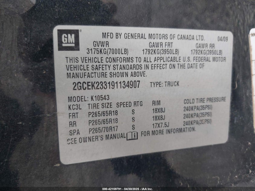 2009 CHEVROLET SILVERADO 1500 VIN: 2GCEK233191134907