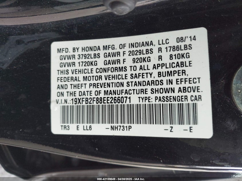 2014 HONDA CIVIC VIN: 19XFB2F88EE266071