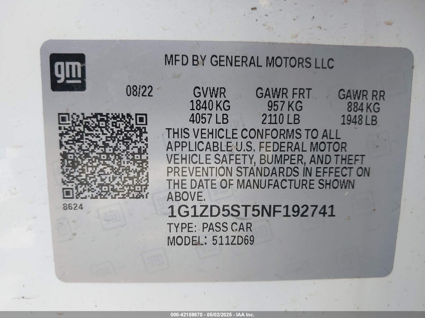 2022 CHEVROLET MALIBU VIN: 1G1ZD5ST5NF192741