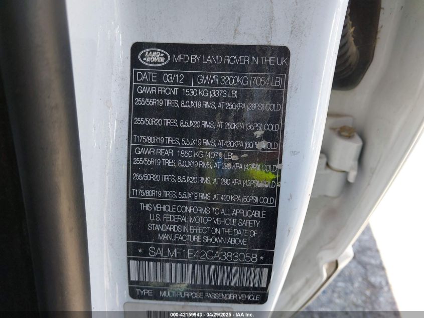 2012 Land Rover Range Rover Supercharged VIN: SALMF1E42CA383058 Lot: 42159943