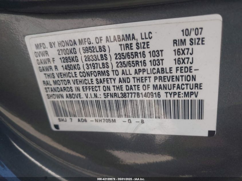 2007 Honda Odyssey Ex-L VIN: 5FNRL38777B140916 Lot: 42159976