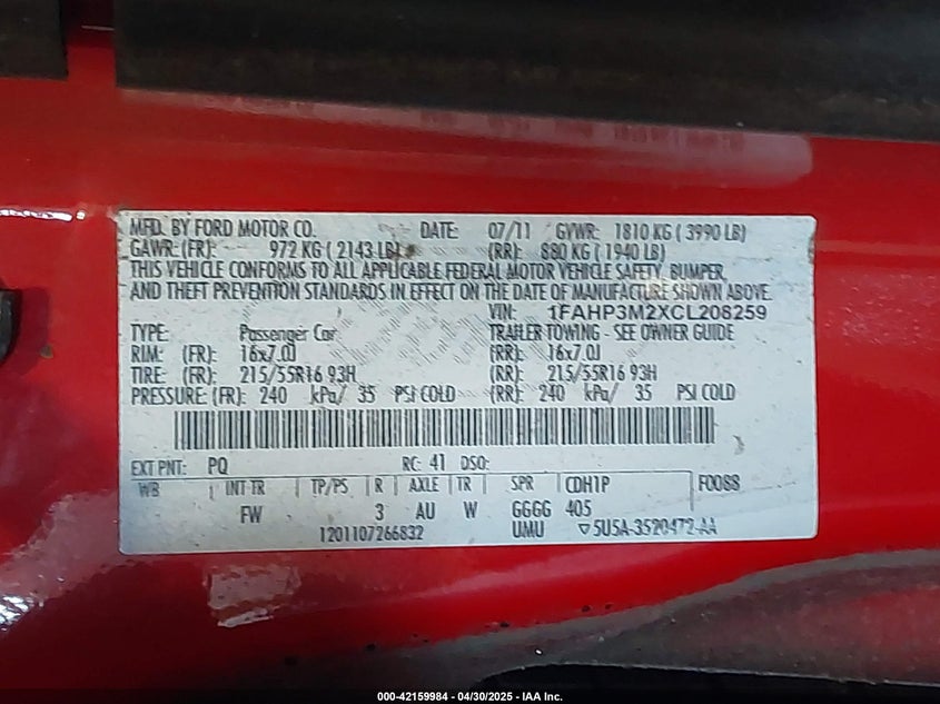 2012 FORD FOCUS VIN: 1FAHP3M2XCL208259