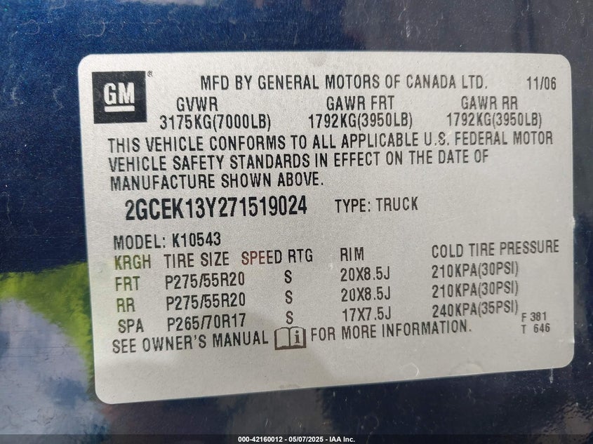2007 CHEVROLET SILVERADO 1500 VIN: 2GCEK13Y271519024