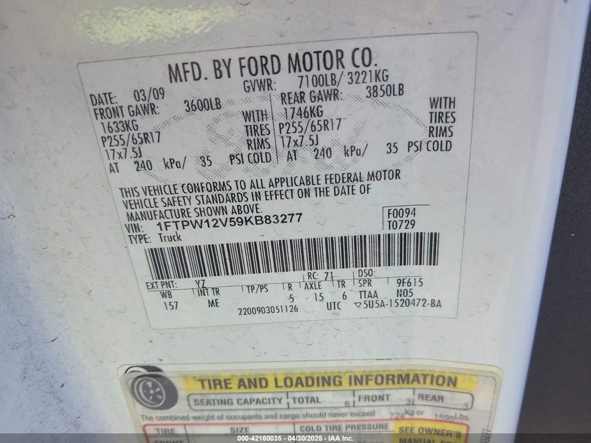 2009 FORD F-150 VIN: 1FTPW12V59KB83277