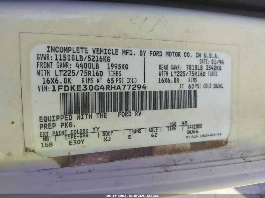 1994 Ford Econoline E350 Cutaway Van VIN: 1FDKE30G4RHA77294 Lot: 42160085