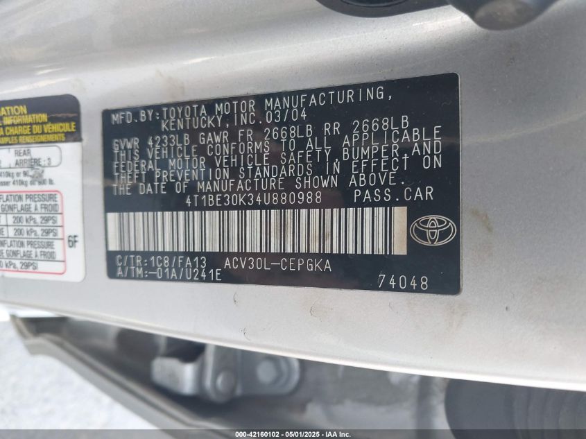 2004 Toyota Camry Xle VIN: 4T1BE30K34U880988 Lot: 42160102