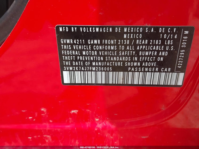 2015 VOLKSWAGEN JETTA 2.0L S - 3VW2K7AJ7FM236005