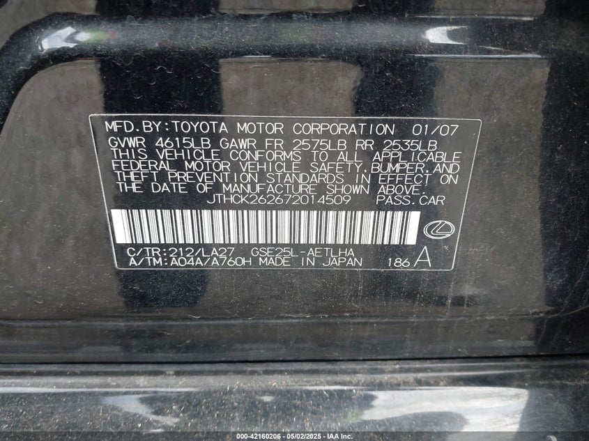 2007 LEXUS IS 250 VIN: JTHCK262672014509