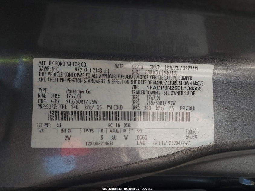 2014 FORD FOCUS VIN: 1FADP3N25EL134555