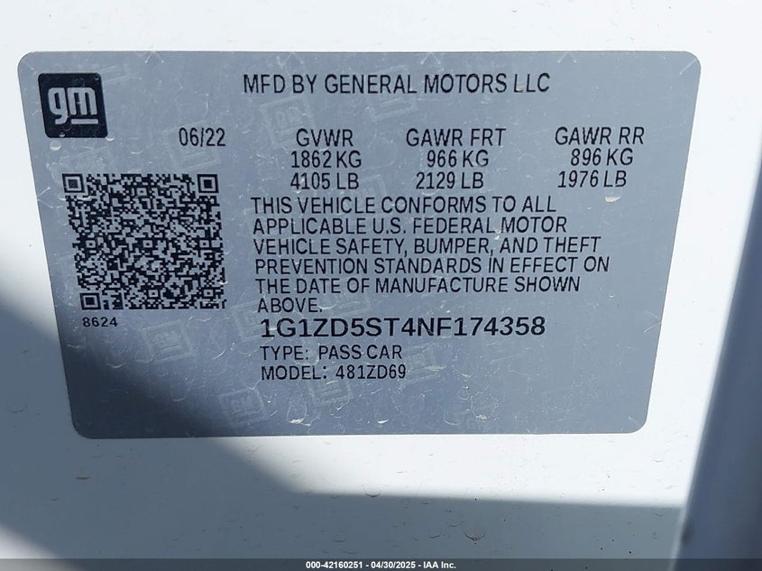 2022 CHEVROLET MALIBU VIN: 1G1ZD5ST4NF174358