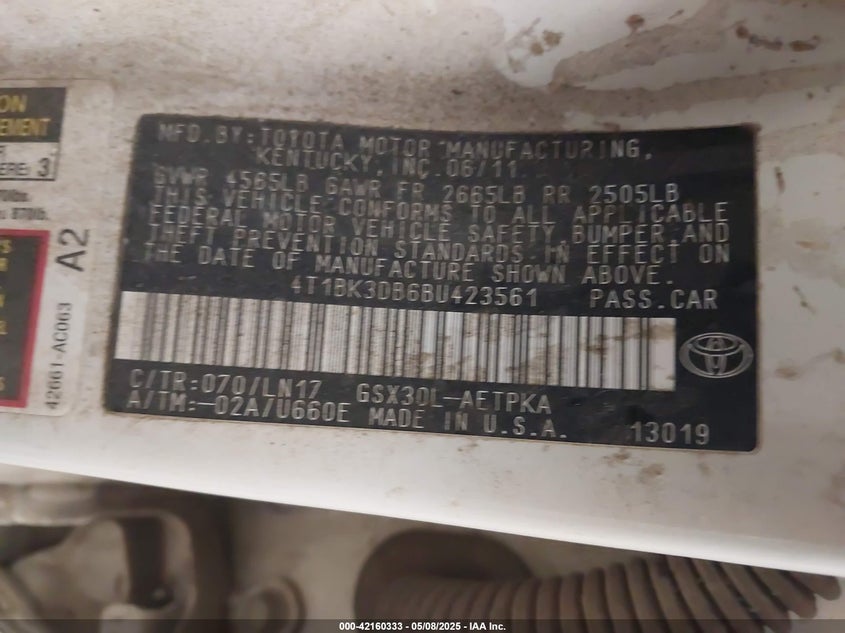 2011 Toyota Avalon Limited VIN: 4T1BK3DB6BU423561 Lot: 42160333