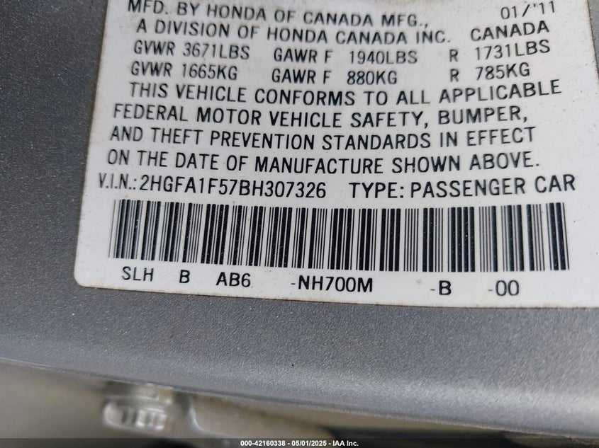 2011 HONDA CIVIC VIN: 2HGFA1F57BH307326