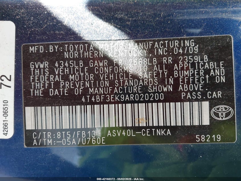 2010 TOYOTA CAMRY VIN: 4T4BF3EK9AR020200