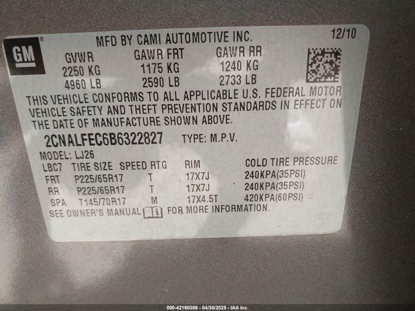 2011 Chevrolet Equinox VIN: 2CNALEC6B6322827 Lot: 42160386