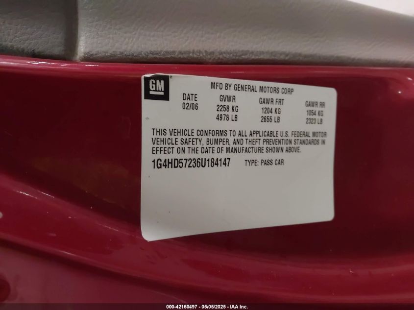 2006 Buick Lucerne Cxl VIN: 1G4HD57236U184147 Lot: 42160497