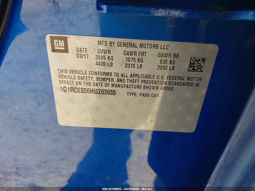 2017 CHEVROLET VOLT VIN: 1G1RC6S56HU203935