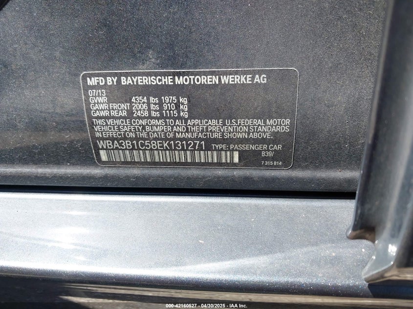 2014 BMW 320I VIN: WBA3B1C58EK131271