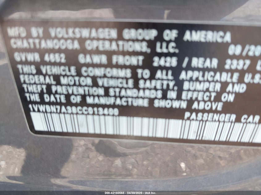 2012 VOLKSWAGEN PASSAT VIN: 1VWBN7A38CC013400