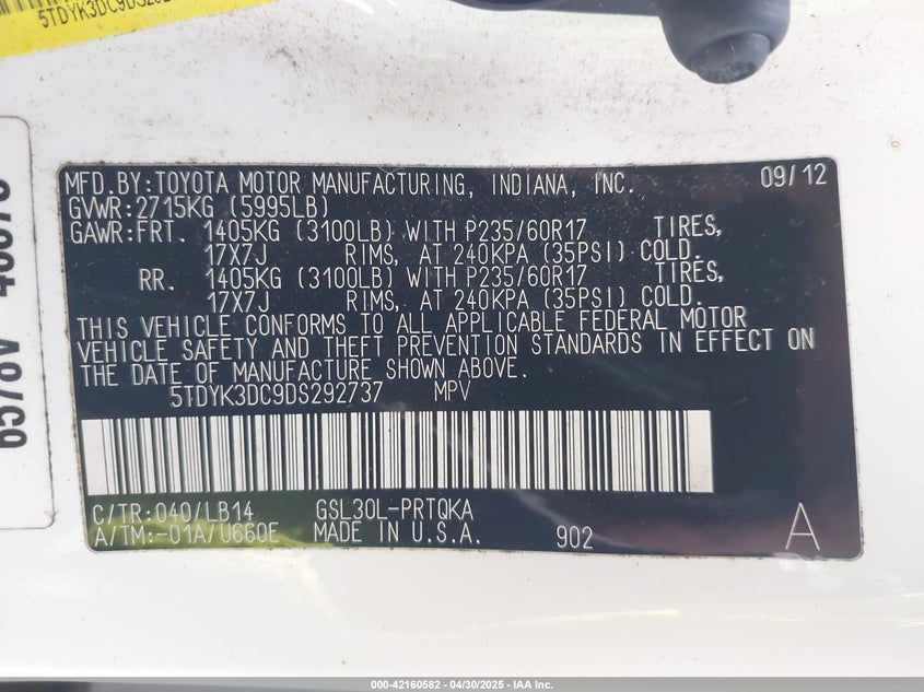 2013 TOYOTA SIENNA VIN: 5TDYK3DC9DS292737