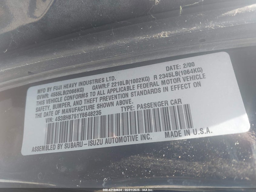 2000 Subaru Outback VIN: 4S3BH6751Y6648235 Lot: 42160634